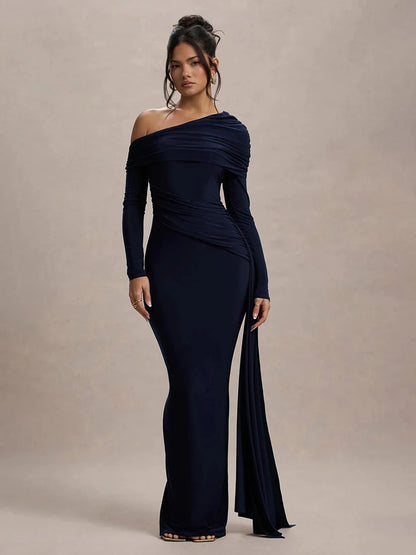 Skew Collar Long Sleeve Sexy Maxi Dress For Women Gown Fashion Backless Draped Ruched Bodycon Club Long Dress Elegant - black - M