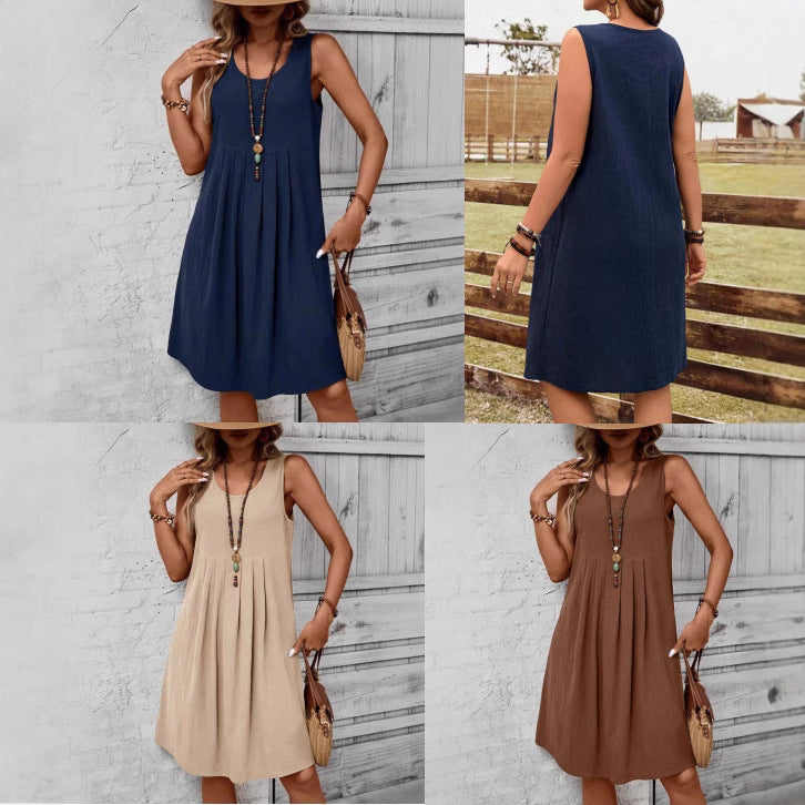 Casual Solid-Colored Cotton And Linen Womens Dress