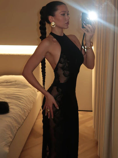 Lace Print Backless Sexy Maxi Dress Women Elegant Patchwork Halter Off-shoulder Sleeveless Bodycon Club Party Dress