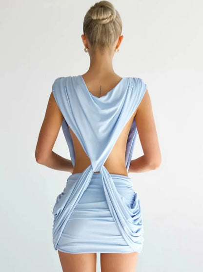 Deep V Neck Sleeveless Sexy Mini Dress Women Elegant Hollow Out Backless High Waist Ruched Skinny Club Party Dresses