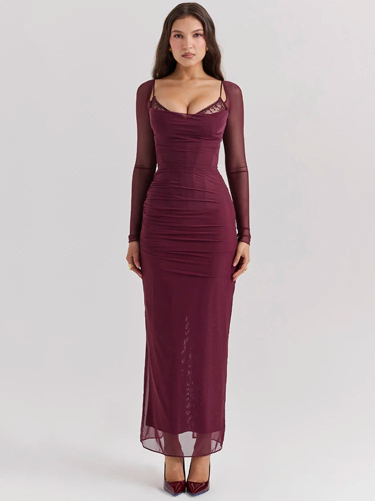 Elegant Sheer Long Sleeve Sexy Maxi Dress For Women Fashion Mesh Strapless Backless Club Party Sexy Long Dress 2024