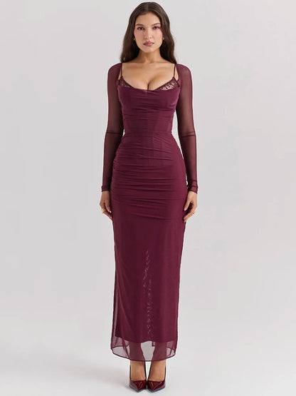Elegant Sheer Long Sleeve Sexy Maxi Dress For Women Fashion Mesh Strapless Backless Club Party Sexy Long Dress 2024