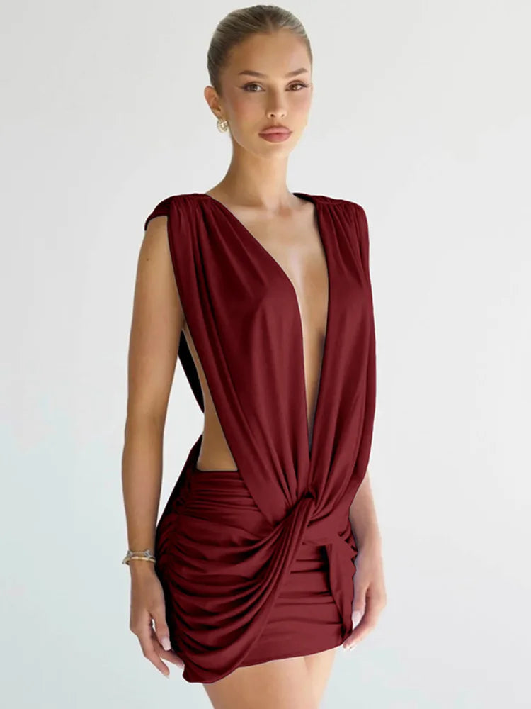 Deep V Neck Sleeveless Sexy Mini Dress Women Elegant Hollow Out Backless High Waist Ruched Skinny Club Party Dresses - Burgundy - L