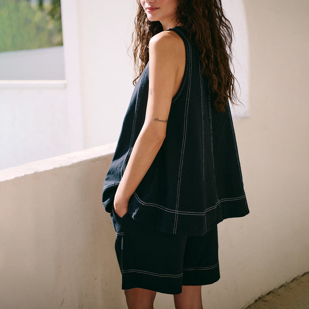Casual Loose Pocketed Sleeveless Tank Top And Shorts Denim Two-Piece Set