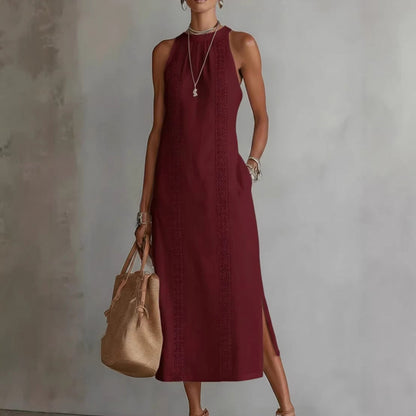 Neck-Strap Holiday Solid-Colored Lace-Patchwork Sleeveless Dress