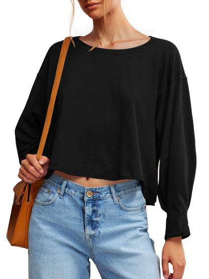 Fisoew Womens Long Sleeve Crop Tops Loose Fit Crew Neck Cropped T Shirts 2025 Casual Workout Tee Shirt Tops