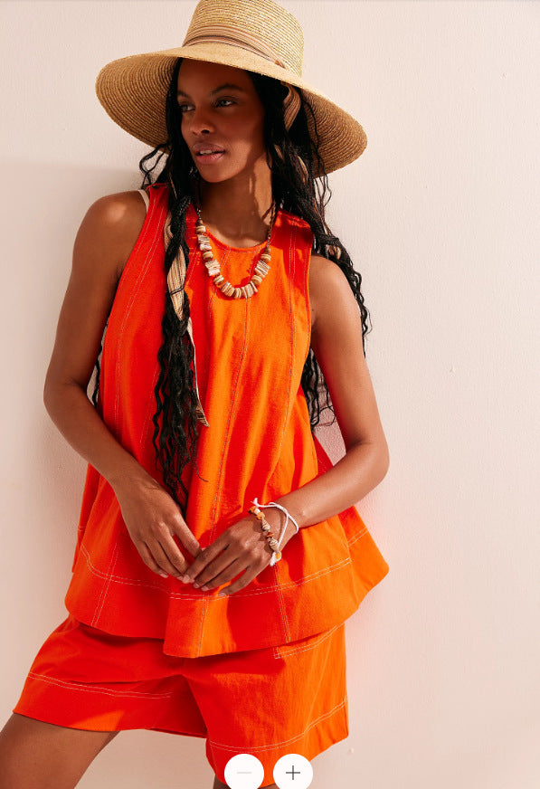 Casual Loose Pocketed Sleeveless Tank Top And Shorts Denim Two-Piece Set