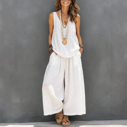 Womens Solid-Colored Casual Sleeveless Tank Top And Wide-Leg Pants Cotton-Linen Set For Daily Wear Holiday Outfit