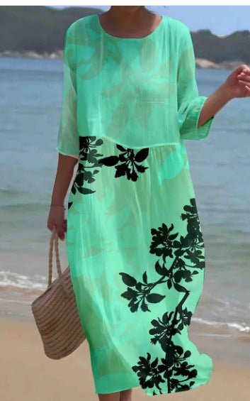 Printed Ladies Long-sleeved Round Neck Dress
