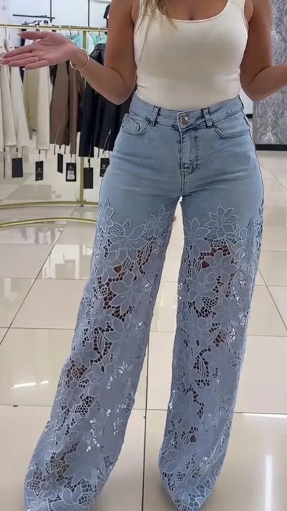 Women's Lace Splicing Denim Drape Pants
