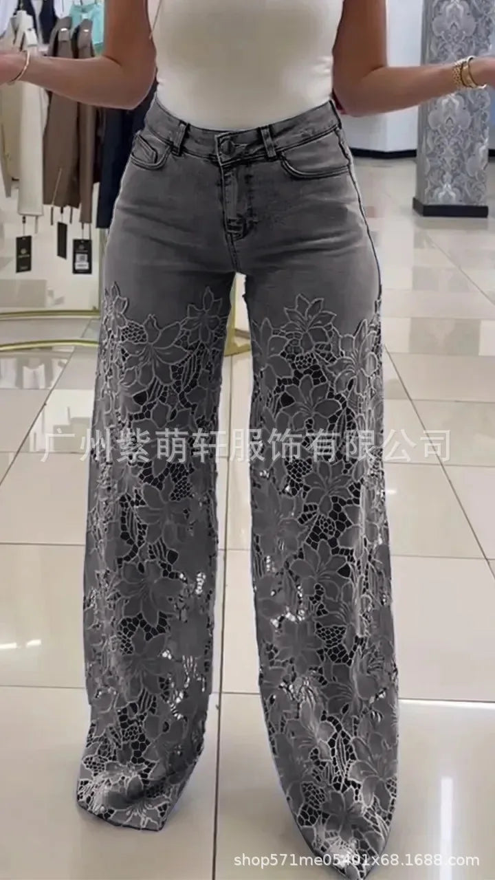 Women's Lace Splicing Denim Drape Pants