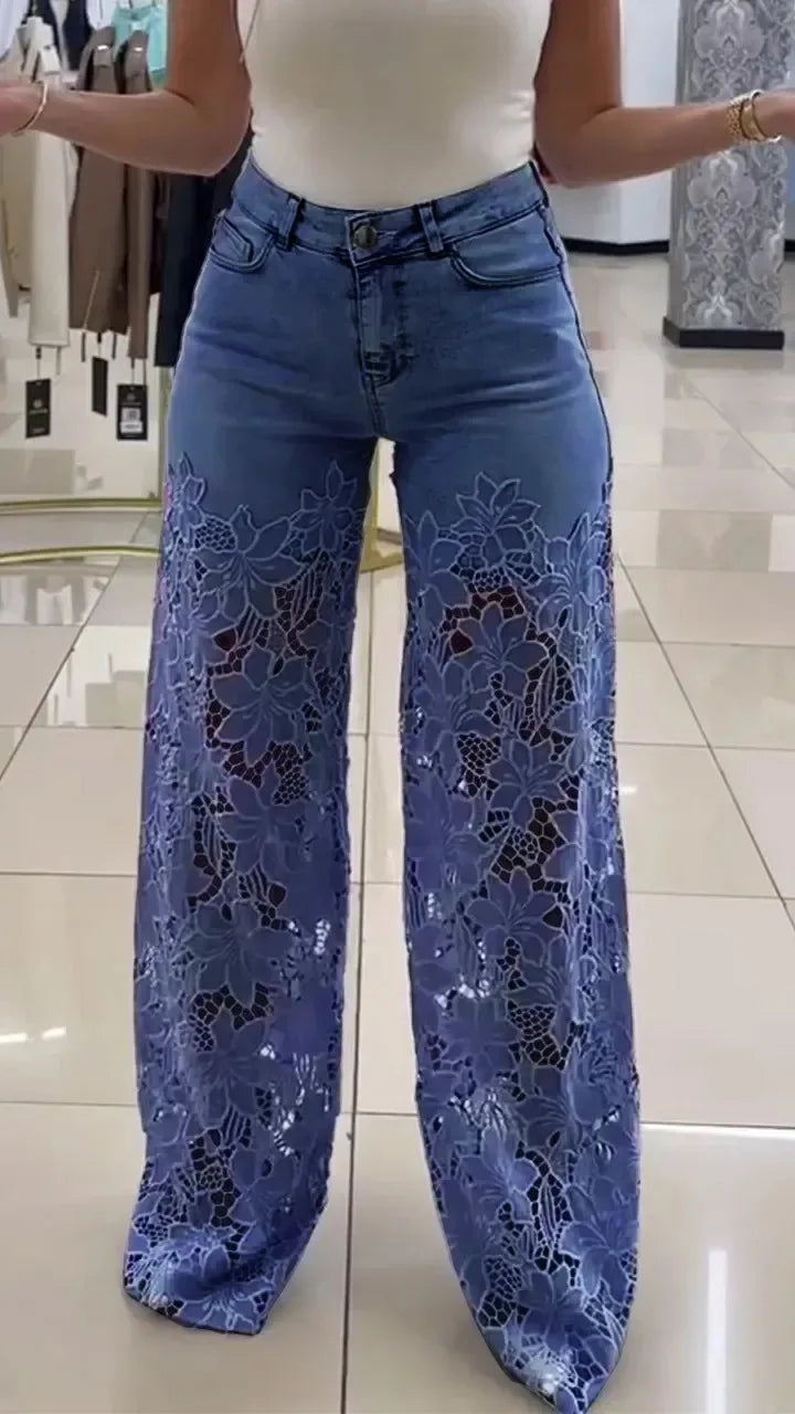 Women's Lace Splicing Denim Drape Pants