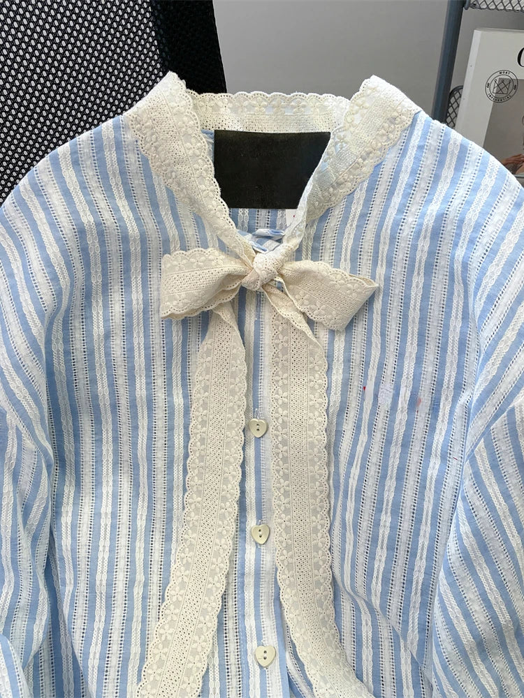 Striped Lace Bow Blouse