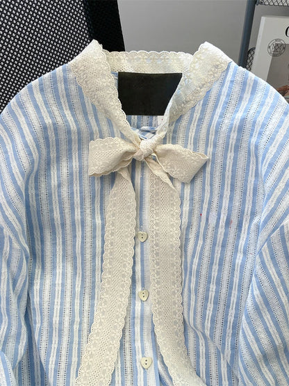 Striped Lace Bow Blouse