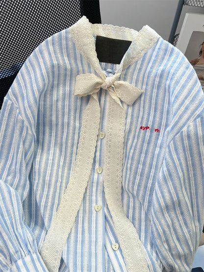Striped Lace Bow Blouse
