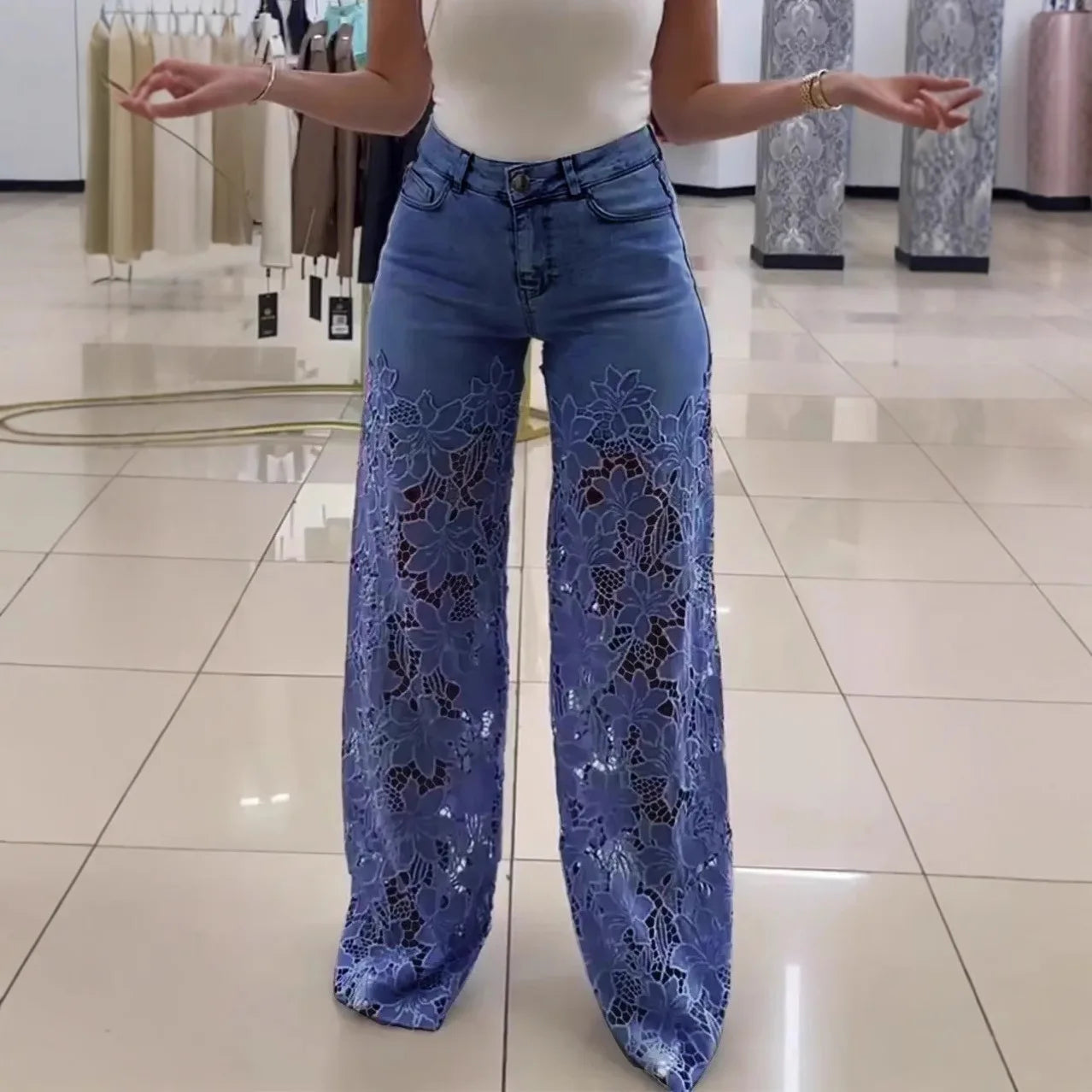 Women's Lace Splicing Denim Drape Pants