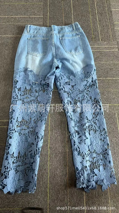 Women's Lace Splicing Denim Drape Pants