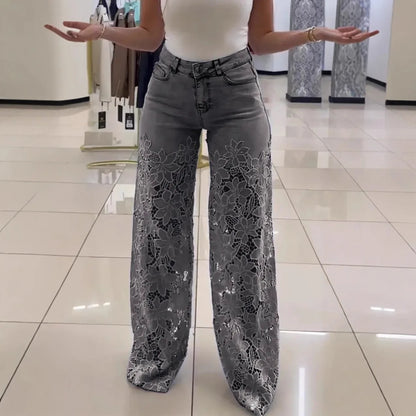 Women's Lace Splicing Denim Drape Pants
