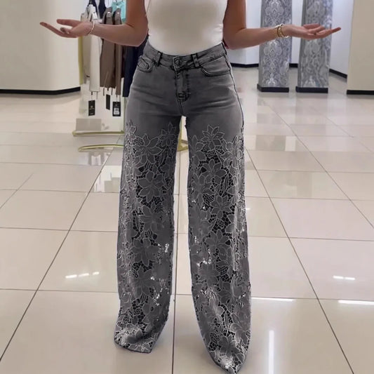 Women's Lace Splicing Denim Drape Pants