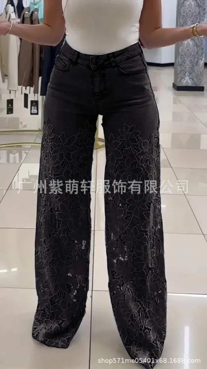 Women's Lace Splicing Denim Drape Pants
