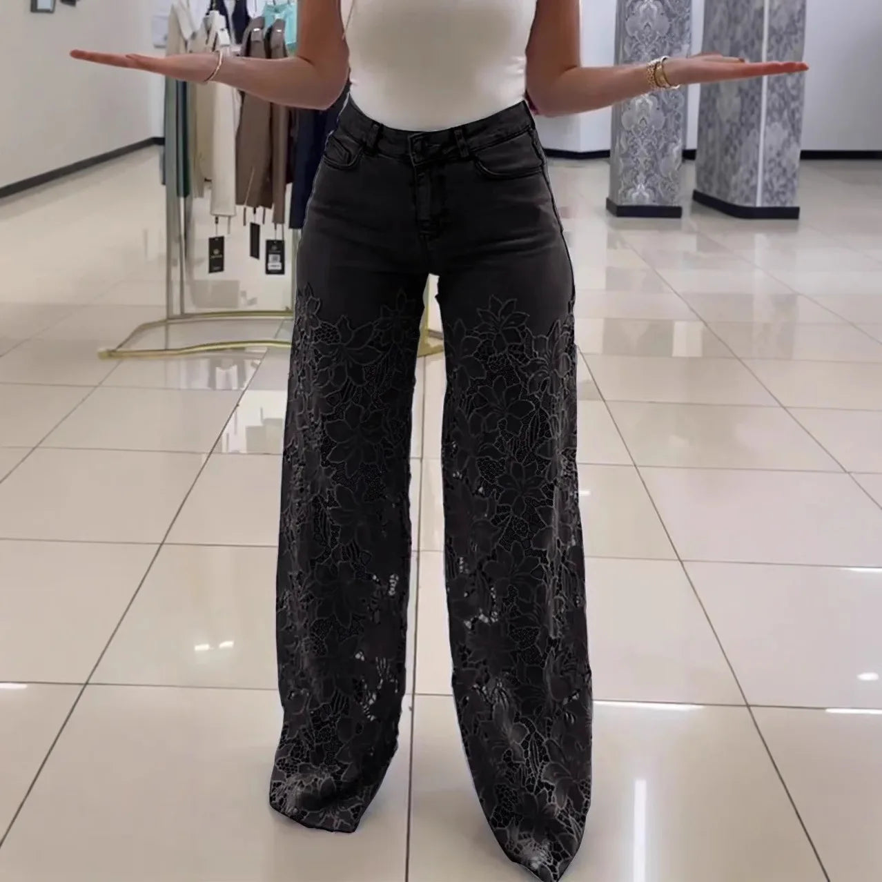 Women's Lace Splicing Denim Drape Pants