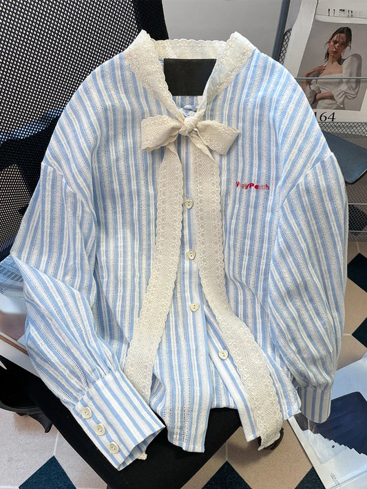 Striped Lace Bow Blouse