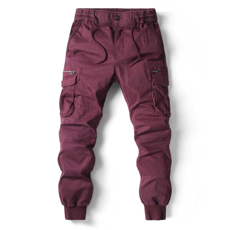 Solid Color Skinny Pants Multi-pocket Men's Working Pants