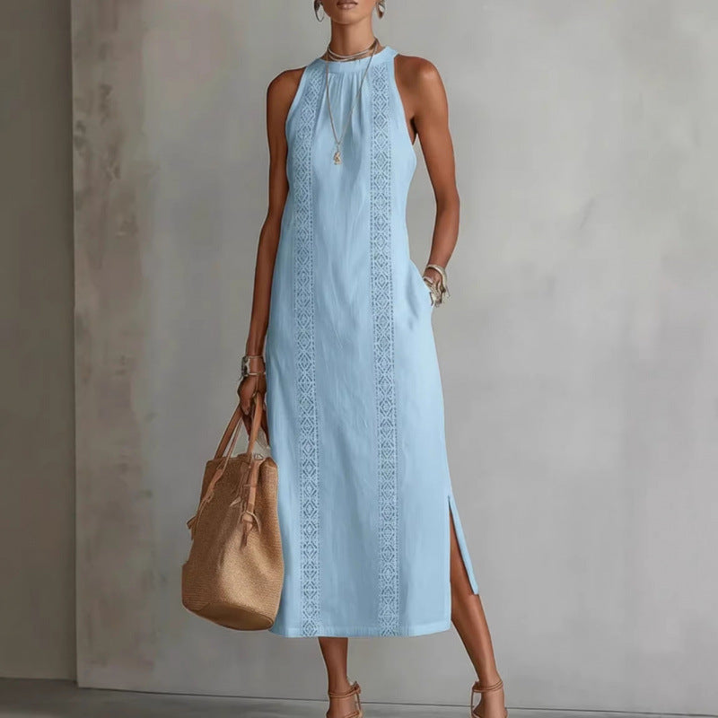 Neck-Strap Holiday Solid-Colored Lace-Patchwork Sleeveless Dress