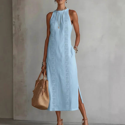 Neck-Strap Holiday Solid-Colored Lace-Patchwork Sleeveless Dress