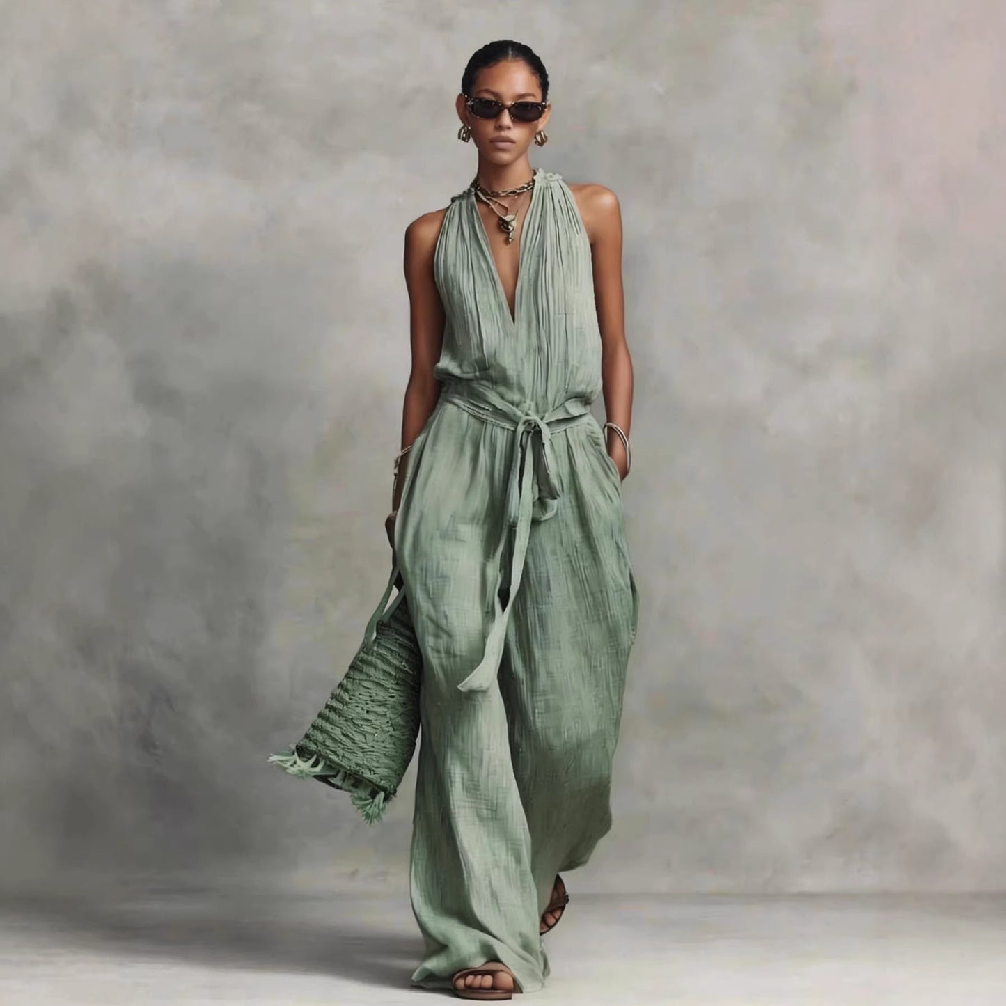 Casual Lace-up Sleeveless Cotton-blend Jumpsuit