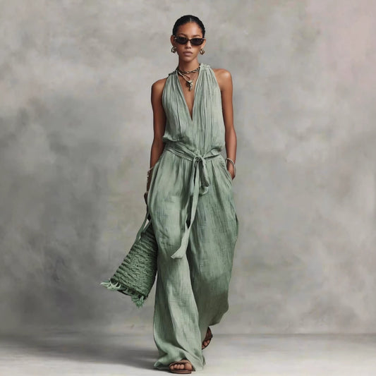 Casual Lace-up Sleeveless Cotton-blend Jumpsuit