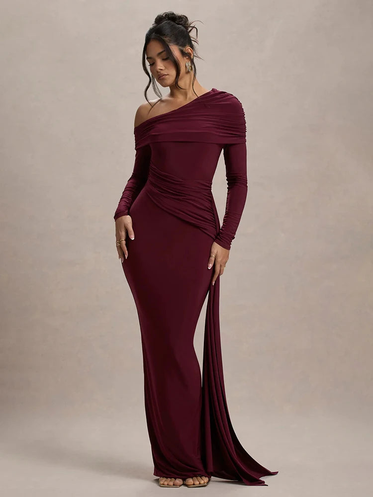 Skew Collar Long Sleeve Sexy Maxi Dress For Women Gown Fashion Backless Draped Ruched Bodycon Club Long Dress Elegant - Burgundy - M