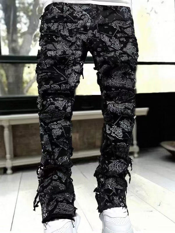 Fashion Stretch Patch Denim Straight-leg Pants