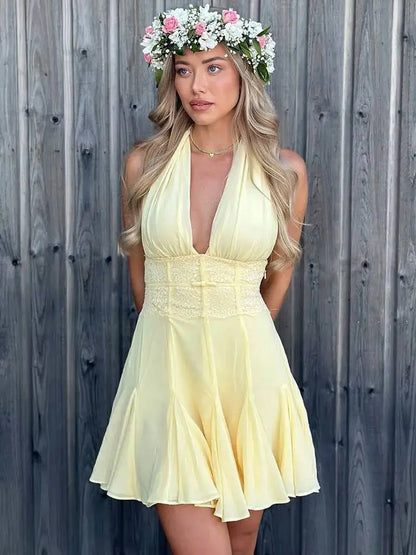 Halter Backless Sexy Mini Dress Women Robe Lace V Neck Off-shoulder Sleeveless High Waist A-line Club Party Dresses