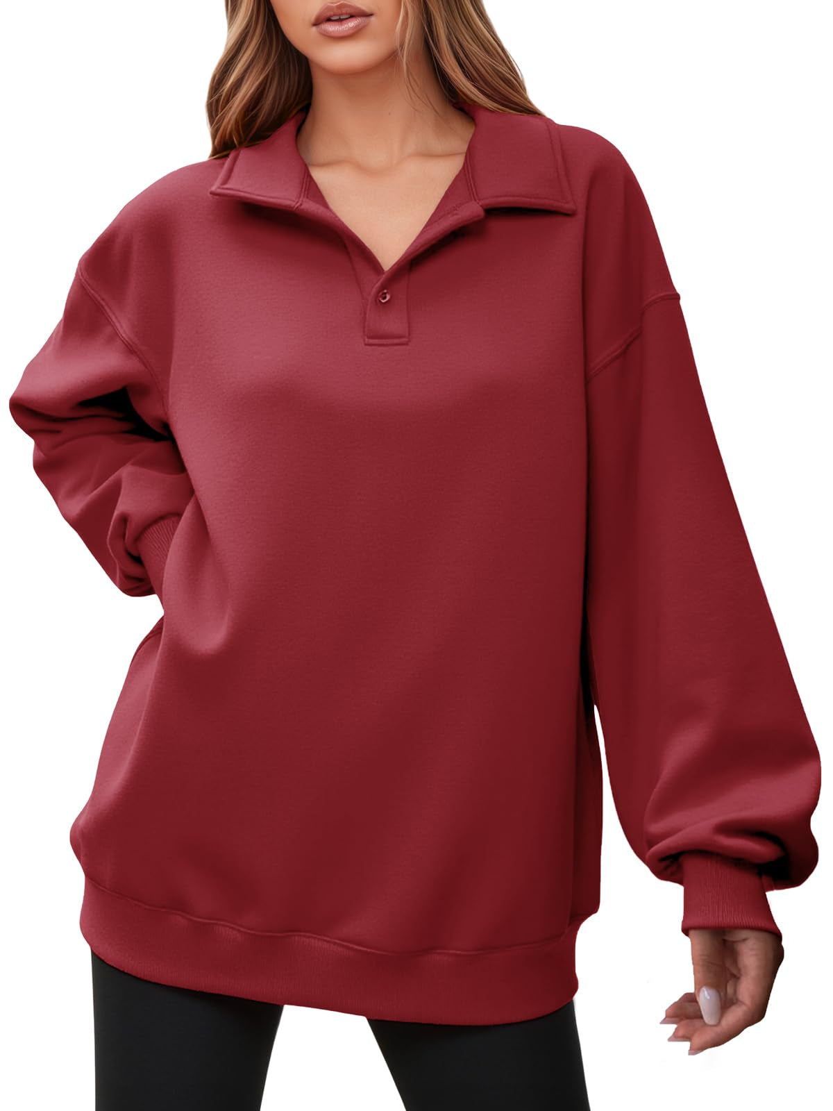 Fisoew Women Collared V Neck Sweatshirt Casual Oversized Long Sleeve Fashion Pullover Tops