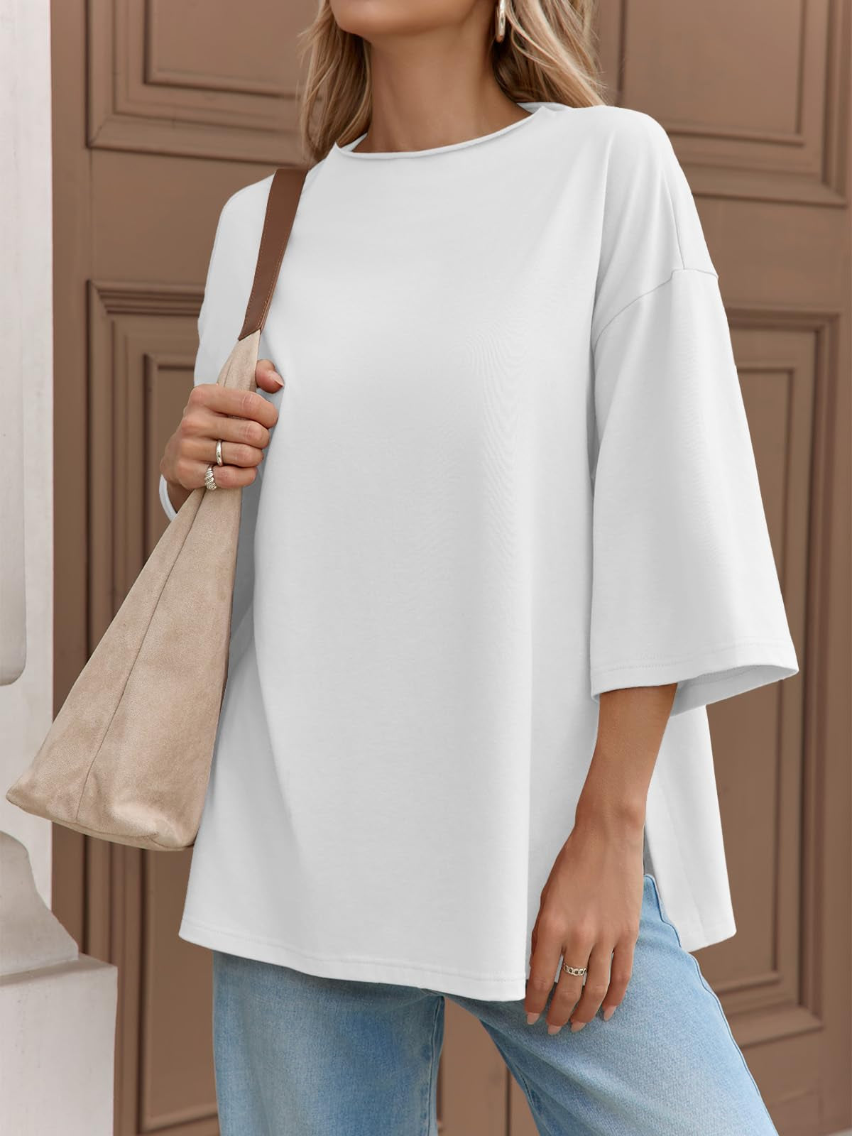 Fisoew Womens Oversized T Shirts Casual Sleeve Side Slit Workout Gym Loose Fit Summer Tee Tunic Tops
