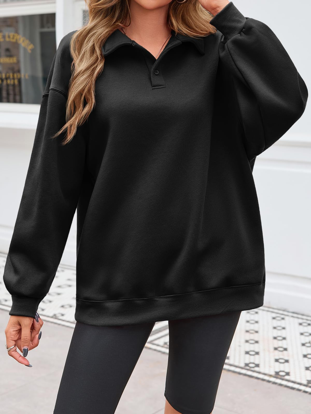 Fisoew Women Collared V Neck Sweatshirt Casual Oversized Long Sleeve Fashion Pullover Tops