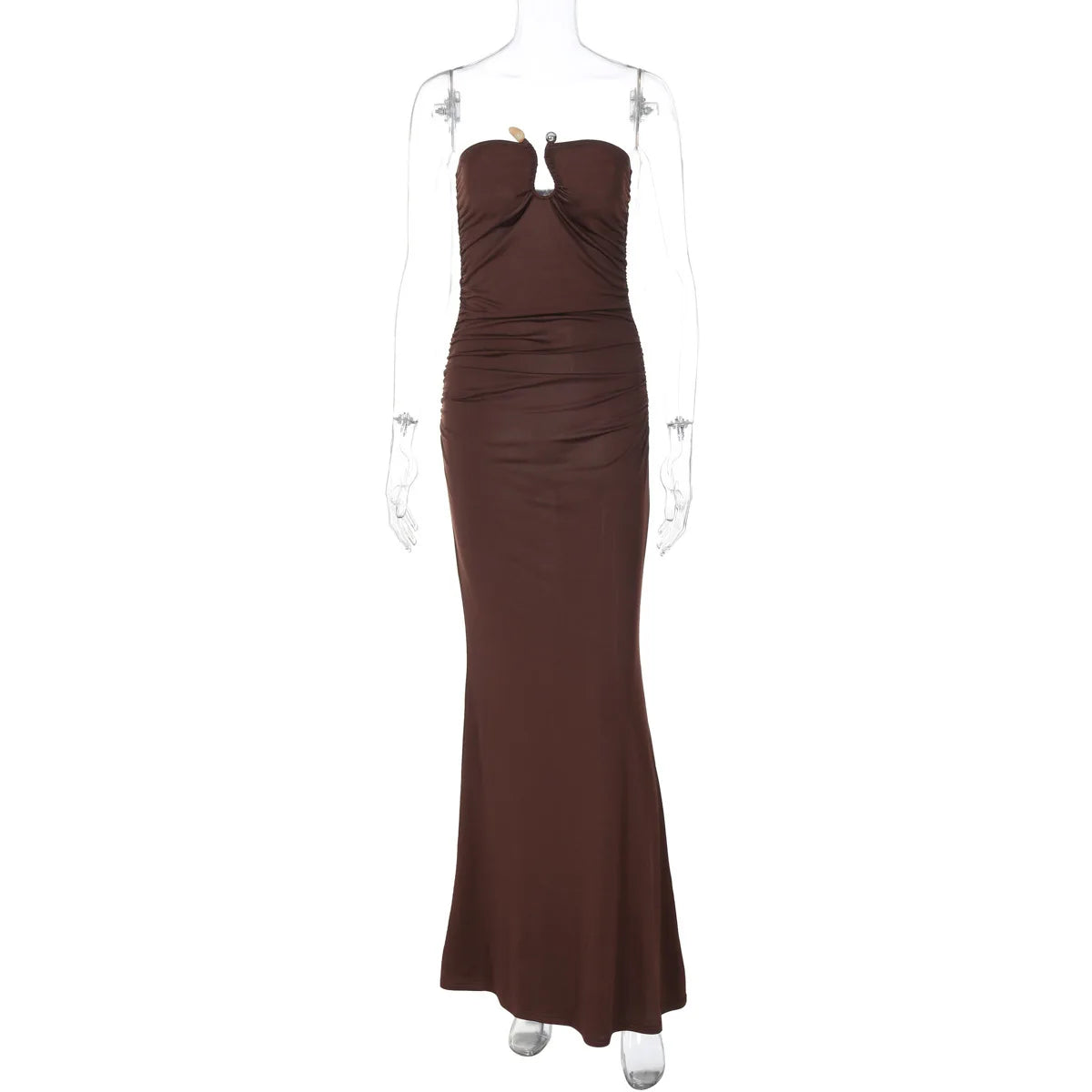 Off-shoulder Strapless Sexy Maxi Dress For Women Solid Sleeveless Backless Bodycon Club Party Sexy Long Dress Elegant - Brown - S