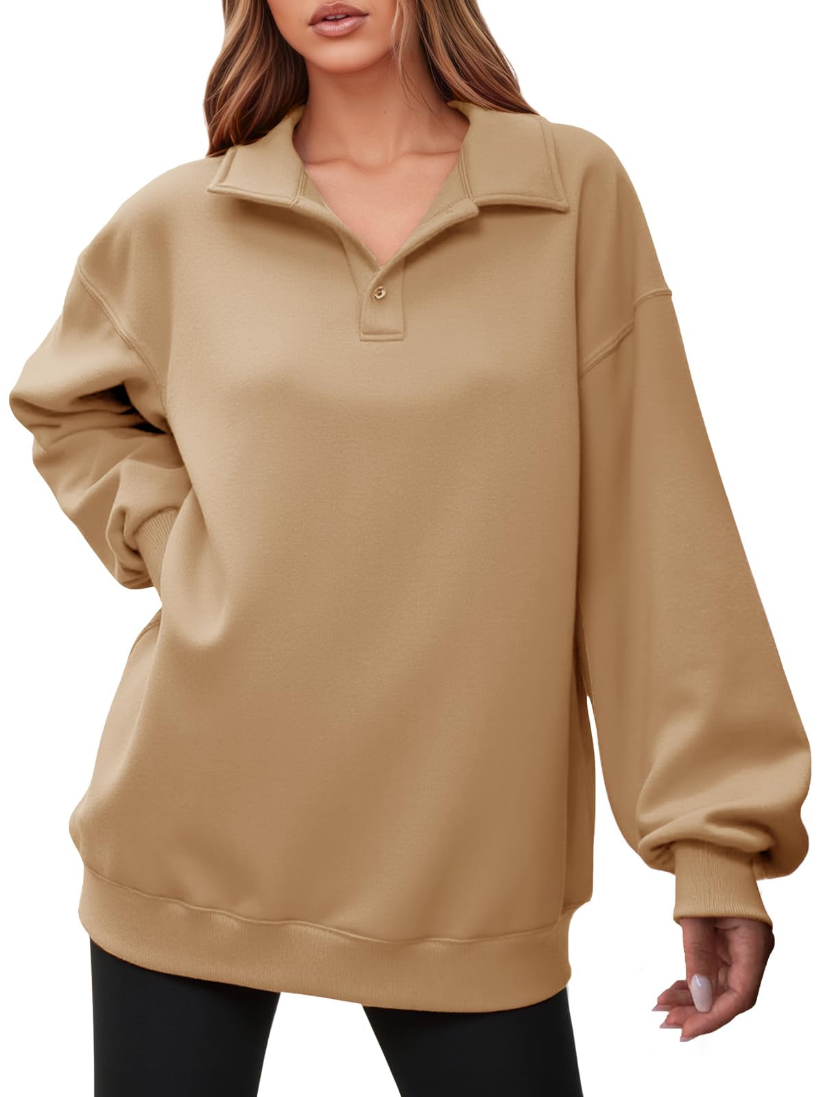 Fisoew Women Collared V Neck Sweatshirt Casual Oversized Long Sleeve Fashion Pullover Tops