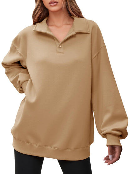 Fisoew Women Collared V Neck Sweatshirt Casual Oversized Long Sleeve Fashion Pullover Tops