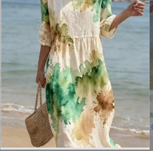 Women's Loose Round Neck Fashion Premium Long Sleeve Printed Dress