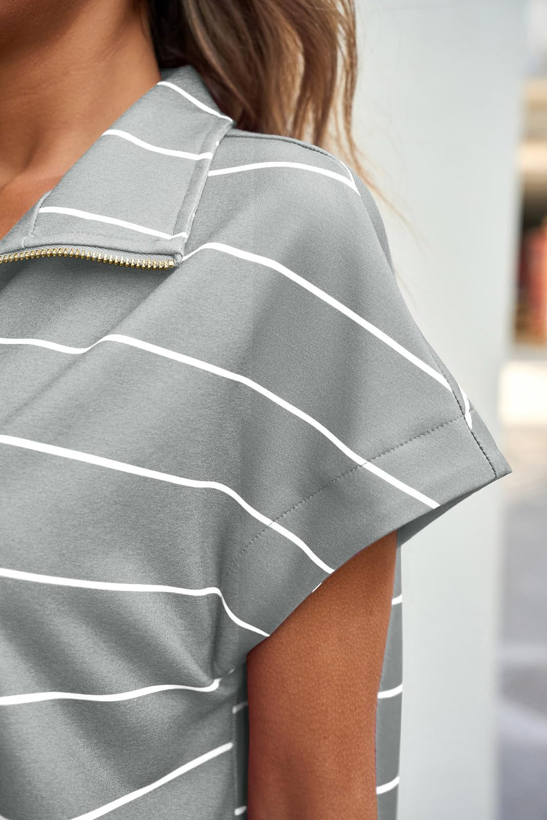 Fisoew Women Summer 2 Piece Outfits Striped Short Sleeve Zipper Shirts Casual Shorts Loose Lounge Short Sets