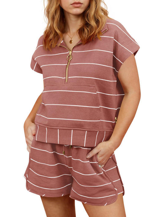 Fisoew Women Summer 2 Piece Outfits Striped Short Sleeve Zipper Shirts Casual Shorts Loose Lounge Short Sets