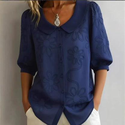Loose-fit Retro Buttoned 3D Embroidered Floral Shirt