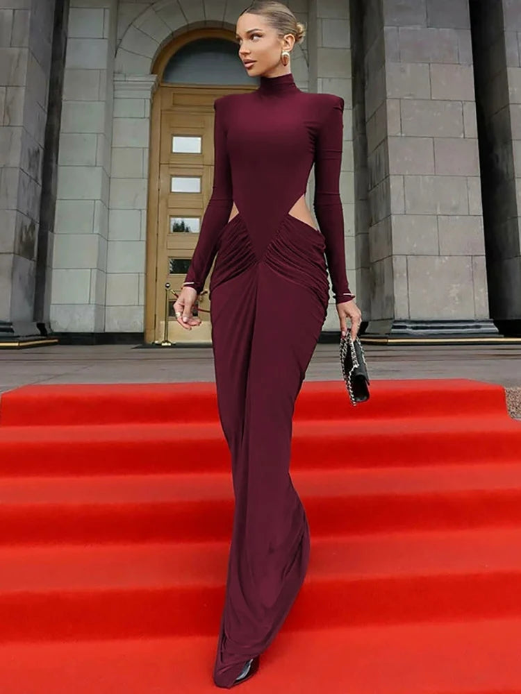 Turtleneck Long Sleeve Sexy Maxi Dress Women Elegant Autumn Winter Hollow Out Ruched Club Party Long Dresses Female - Burgundy - M
