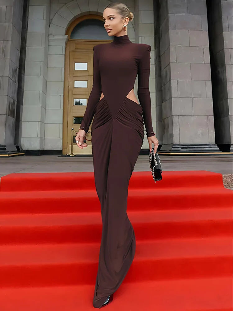 Turtleneck Long Sleeve Sexy Maxi Dress Women Elegant Autumn Winter Hollow Out Ruched Club Party Long Dresses Female - Brown - L