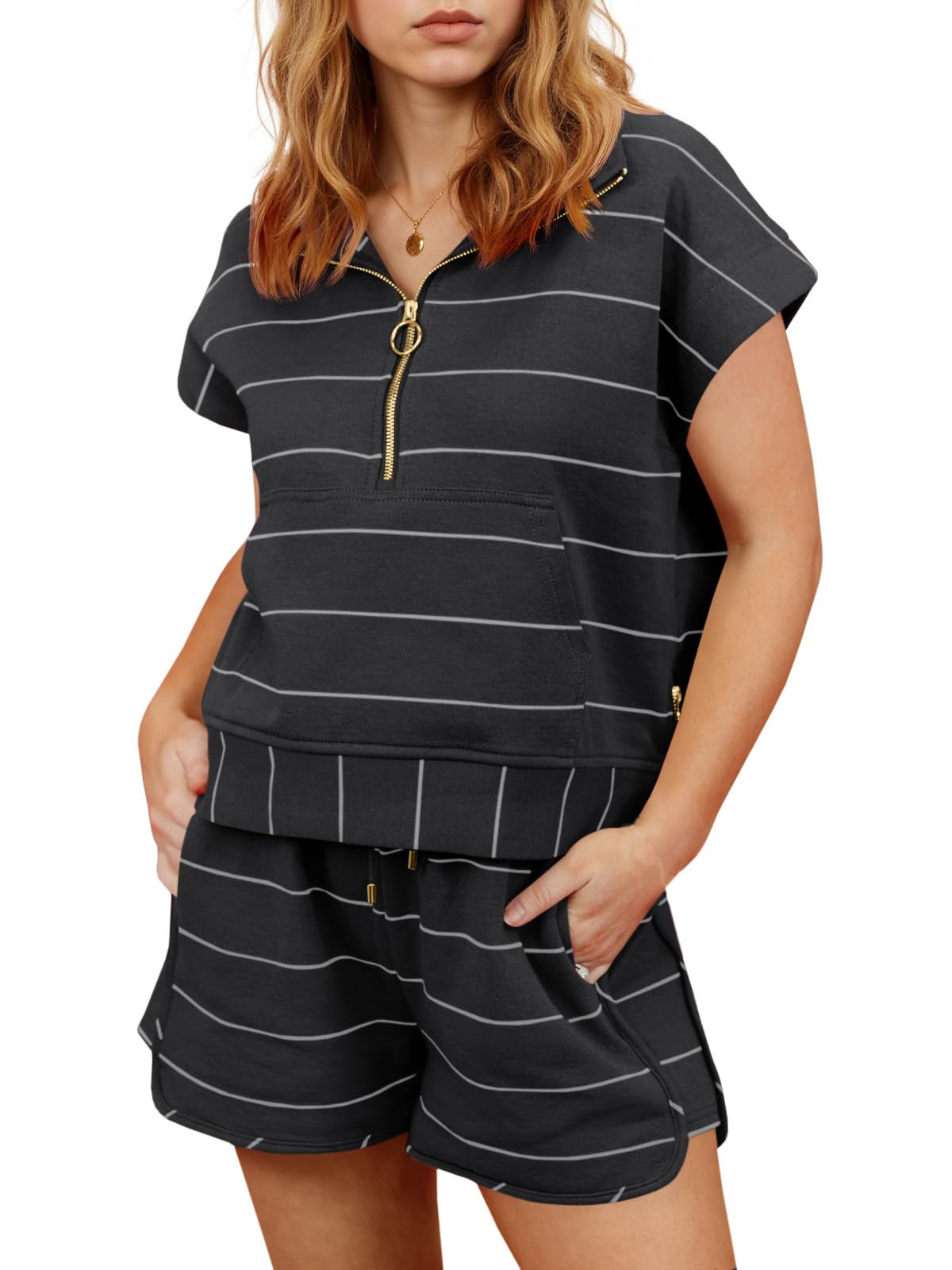 Fisoew Women Summer 2 Piece Outfits Striped Short Sleeve Zipper Shirts Casual Shorts Loose Lounge Short Sets