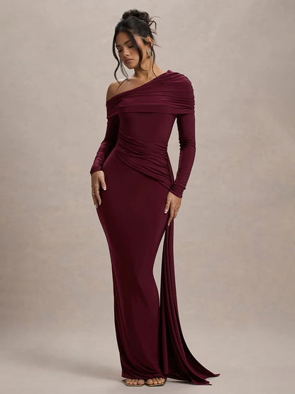 Skew Collar Long Sleeve Sexy Maxi Dress For Women Gown Fashion Backless Draped Ruched Bodycon Club Long Dress Elegant - Burgundy - S