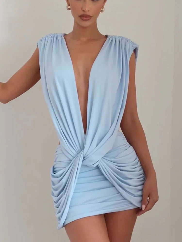 Deep V Neck Sleeveless Sexy Mini Dress Women Elegant Hollow Out Backless High Waist Ruched Skinny Club Party Dresses - Blue - L