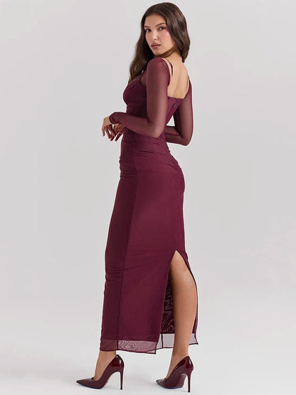 Elegant Sheer Long Sleeve Sexy Maxi Dress For Women Fashion Mesh Strapless Backless Club Party Sexy Long Dress 2024
